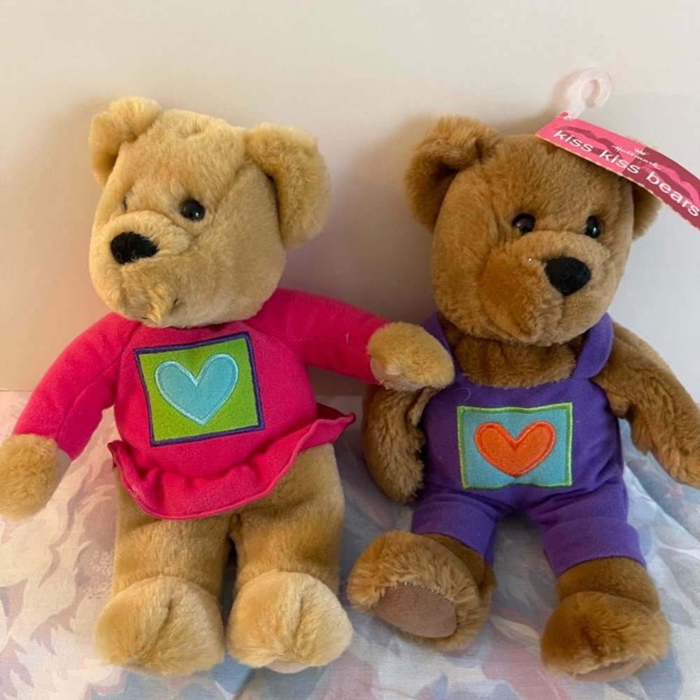 Vtg Set of 2 Hallmark 10" Kiss Kiss Plush Bears - Velcro Paws, Magnet Noses EUC